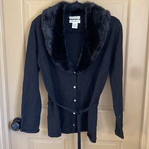 Eddie Bauer merino wool black cardigan sweater with fur woman’s Medium M